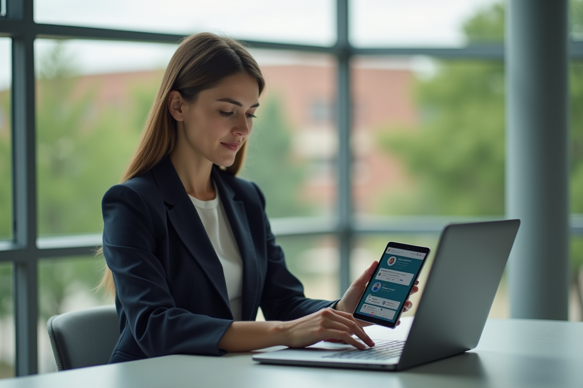 Administratrice universitaire vérifiant un tableau de bord numérique