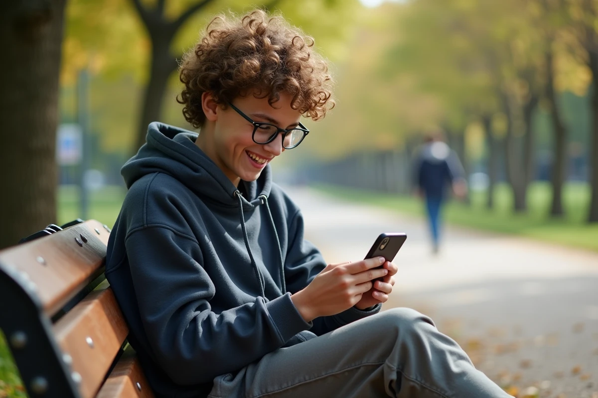 Adolescent riant en utilisant son smartphone dans un parc