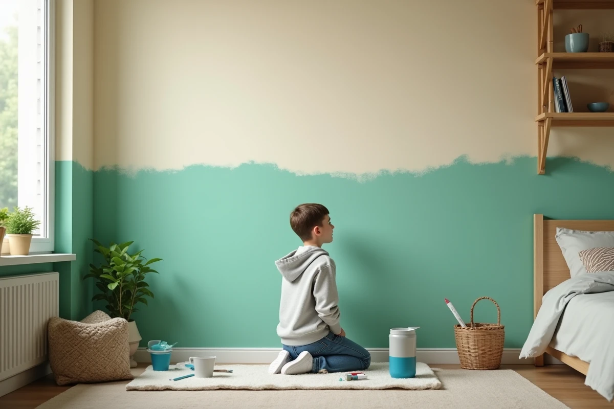 Adolescent peignant un mur vert menthe dans sa chambre