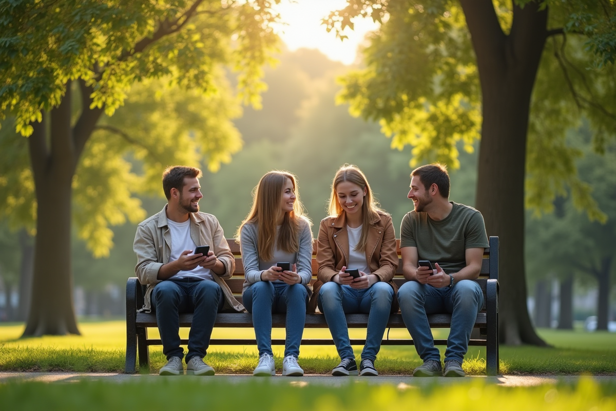 Adolescents et parents discutant avec smartphones dans un parc