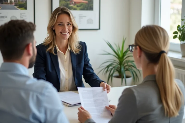 Conseillère immobilière accueillant des clients dans une agence à Perpignan avec des documents de vente