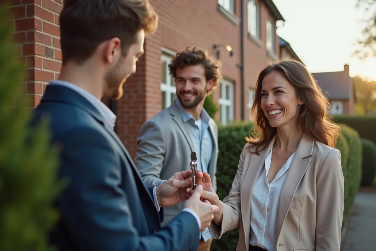 Agent immobilier remettant des clés à un jeune couple devant une maison