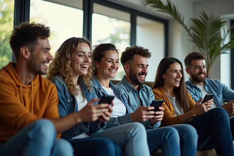 Groupe d'amis regardant un match sur smartphone dans un salon lumineux
