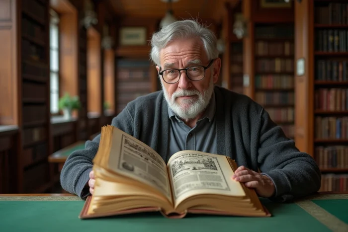 Archiviste feuilletant un catalogue commercial du XIXe siècle dans une bibliothèque ancienne, illustrant l'histoire et le vocabulaire de la publicité avant l'ère moderne