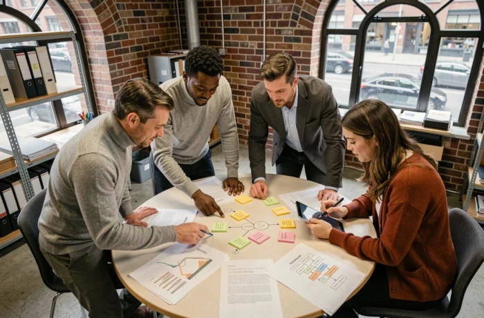 Équipe de professionnels collaborant autour d'une table lors d'un atelier de formation en entreprise