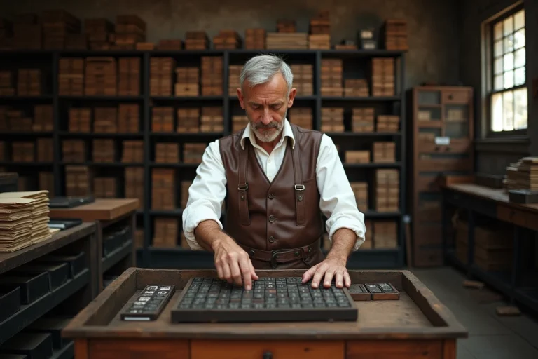 Typographe des années 1920 arrangeant des caractères en plomb dans un atelier d'imprimerie vintage, illustrant les origines de la publicité ancienne