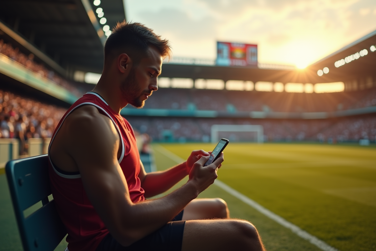 Athlète vérifiant les scores en direct sur mobile dans un stade en fin d