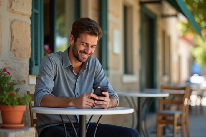 Client satisfait laissant un avis en ligne devant une agence immobilière à Perpignan