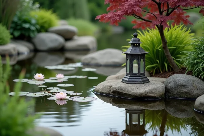 Bassin ornemental de jardin avec nénuphars, érables japonais et pierres naturelles créant une atmosphère zen