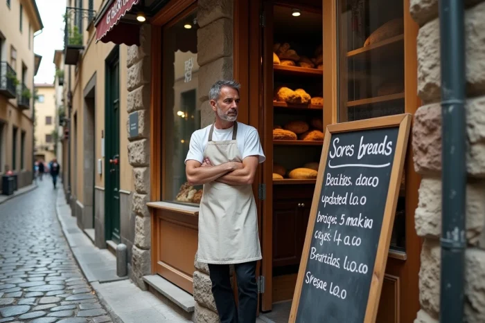 Boulanger français devant sa boutique avec un panneau de prix actualisé, symbolisant les effets de l'inflation sur les petits commerces en France en 2026