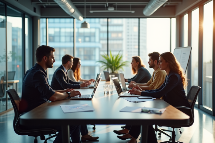 Bureau moderne avec professionnels collaborant autour d'une table
