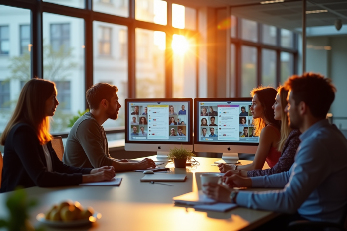 Espace de travail moderne avec écrans et équipe diverse