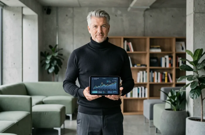 Cadre dirigeant analysant des données d'intelligence artificielle et des tendances business sur une tablette dans un espace de coworking contemporain