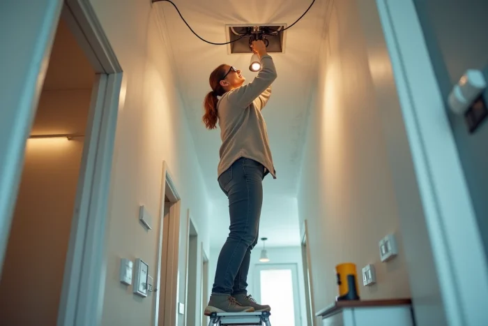 Femme remplaçant un luminaire au plafond en raccordant les fils électriques avec des équipements de sécurité