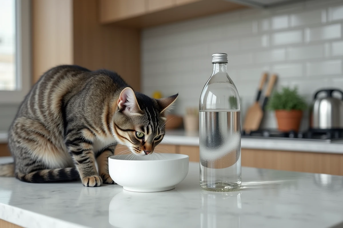 Chat tacheté buvant dans un bol en cuisine moderne