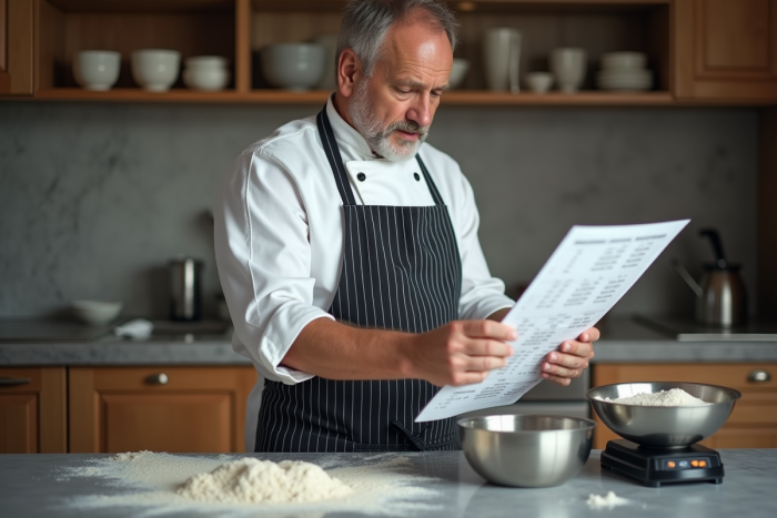 Chef en cuisine avec tableau de conversion et balance