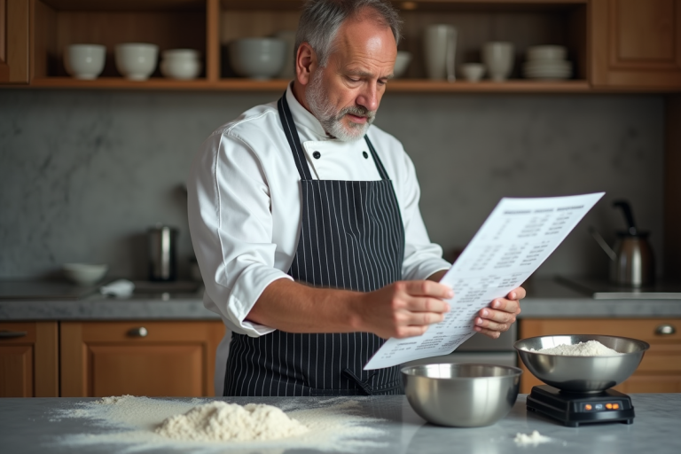 Chef en cuisine avec tableau de conversion et balance
