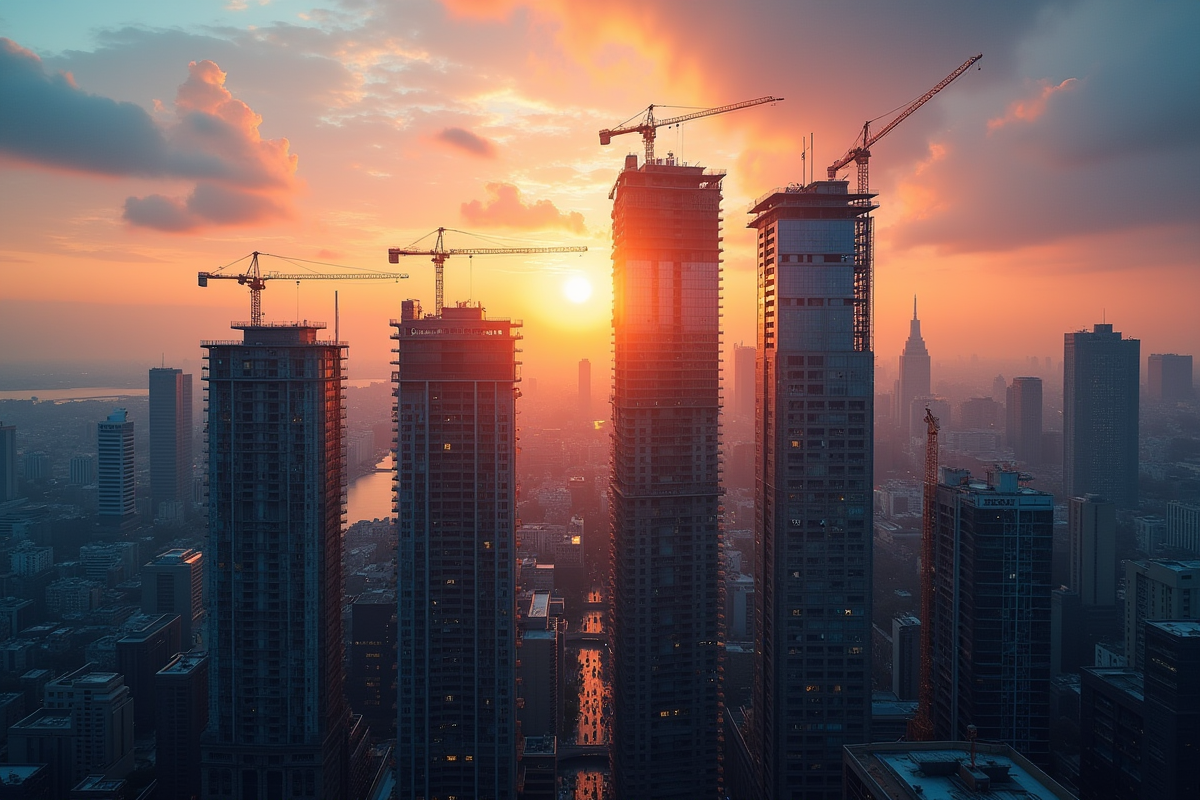 Ciel de ville au lever du soleil avec bâtiments en rénovation