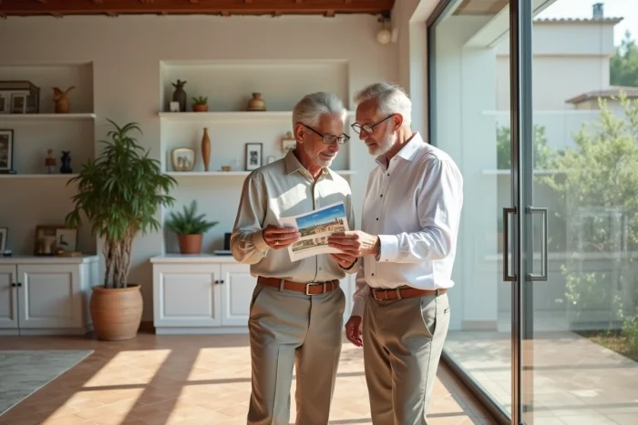 Couple consultant des annonces immobilières dans la vitrine d'une agence à Perpignan