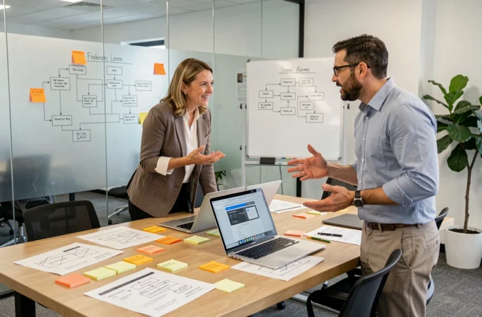 Deux professionnels collaborant sur des tendances et innovations web 2024 autour d'une table de réunion