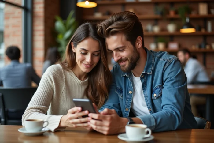 Deux collègues partageant un contenu MMS sur smartphone dans un café moderne