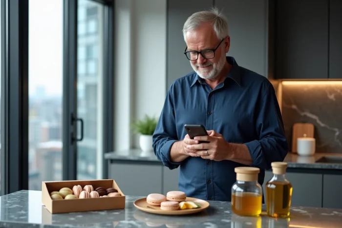 Homme commandant des produits gourmands de luxe via une application mobile dans un appartement moderne avec vue sur la ville