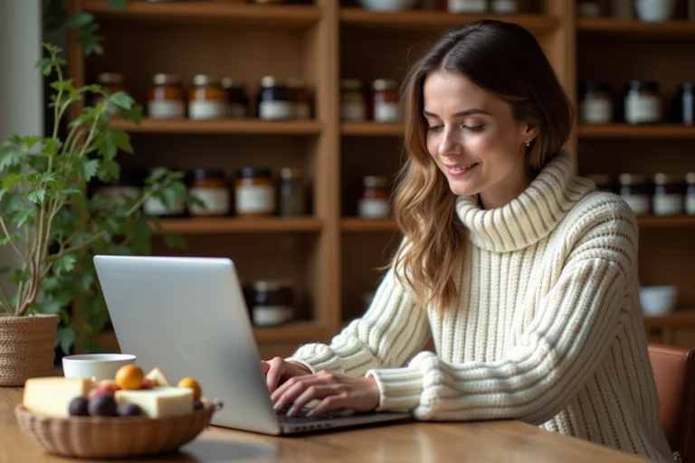Femme commandant des produits gourmands en ligne sur son ordinateur portable dans une cuisine rustique avec fromages et chocolats