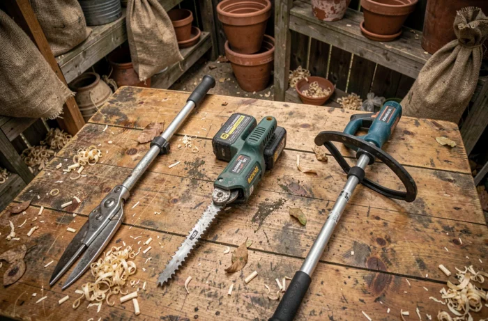 Comparaison de différents types d'élagueuses et outils de jardinage disposés sur un établi en bois dans un atelier de jardin