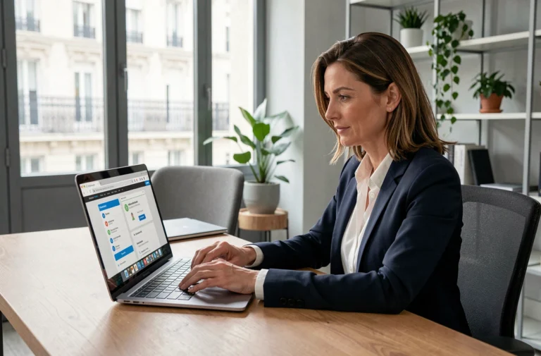 Femme professionnelle se connectant à son compte IntraParis nomade sur un ordinateur portable dans un bureau parisien moderne