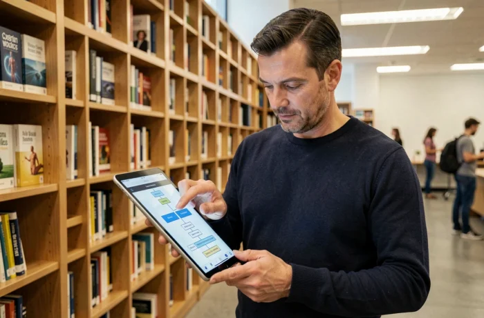 Homme consultant la structure d'un site santé sur une tablette dans une bibliothèque moderne