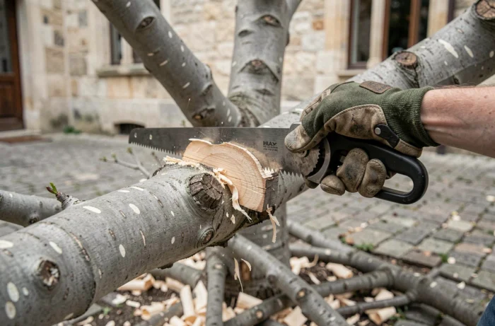 Gros plan sur des mains gantées sciant une branche de mûrier platane, révélant le grain du bois lors d'une taille de formation