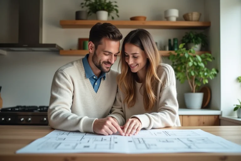 Couple en cuisine examinant des plans architecturaux