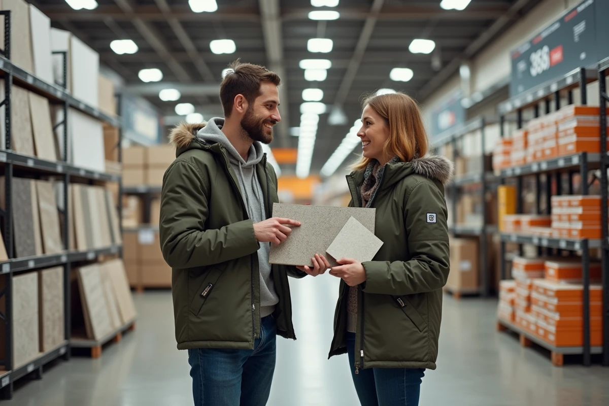 Jeune couple comparant des échantillons de carrelage