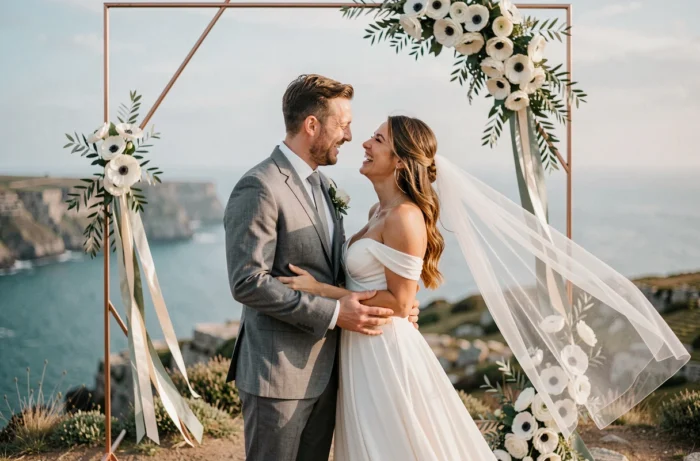 Couple de mariés riant sous un arche en cuivre avec fleurs blanches lors d'une cérémonie de mariage en plein air sur une falaise côtière