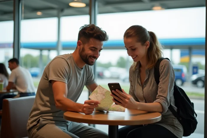 Couple de voyageurs consultant une carte et une application mobile pour localiser les douches sur une aire d'autoroute