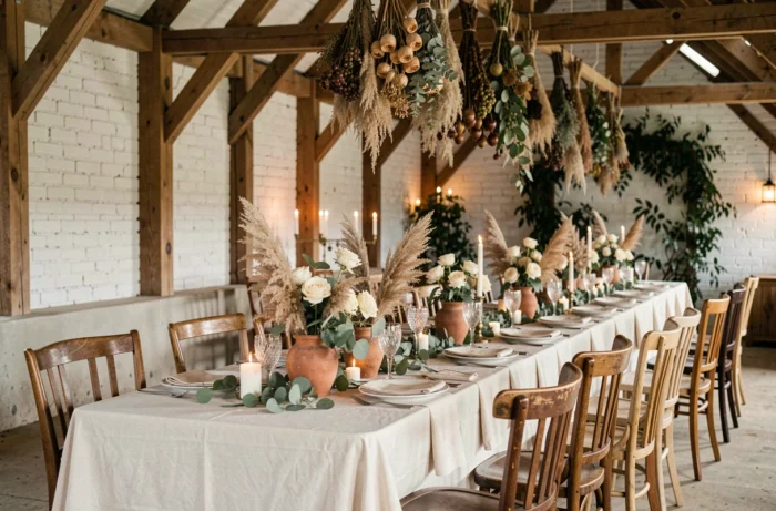 Table de réception de mariage décorée en style champêtre avec pivoines, eucalyptus et vases en terre cuite dans une grange rustique