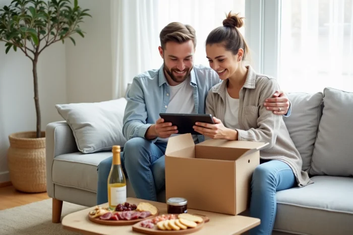 Couple découvrant une commande de produits gourmands livrés à domicile dans un salon scandinave avec charcuterie et confiture artisanale
