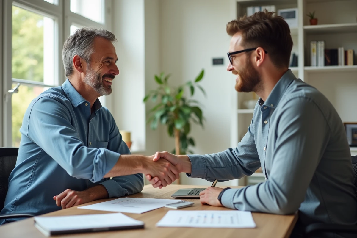 Deux hommes d affaires se serrant la main dans un bureau lumineux