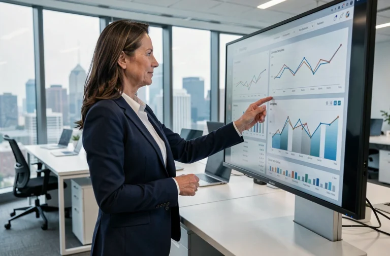 Dirigeante d'entreprise consultant des tendances et innovations sur un écran tactile dans un bureau moderne et lumineux