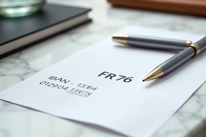 Document RIB bancaire français posé sur un bureau en marbre blanc avec le code IBAN FR76 clairement visible
