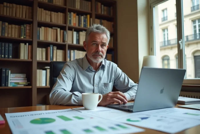 Économiste analysant les prévisions d'inflation INSEE 2026 sur des graphiques statistiques dans un bureau de recherche parisien