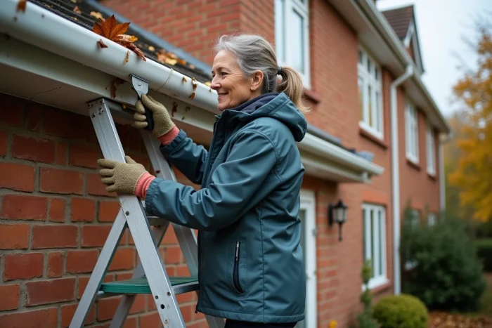 Femme sur une échelle nettoyant les feuilles mortes accumulées dans une gouttière avant la saison des pluies