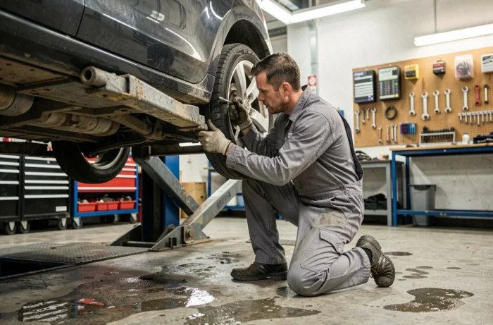 Mécanicien inspectant le dessous d'une Volkswagen Polo 6R sur un pont élévateur dans un garage automobile professionnel