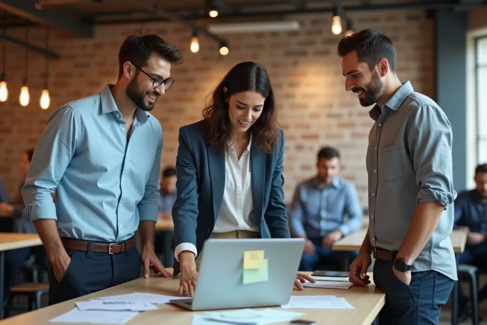Équipe de professionnels collaborant autour d'un tableau blanc dans un espace de coworking dynamique