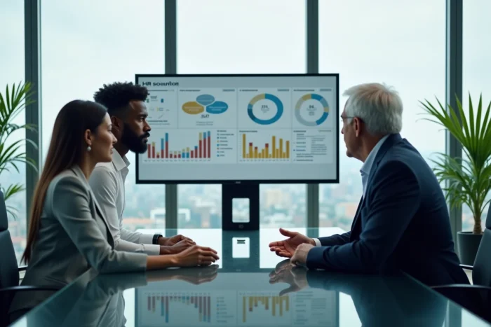 Équipe pluridisciplinaire discutant d'un tableau de bord RH et de planification DRP en salle de réunion