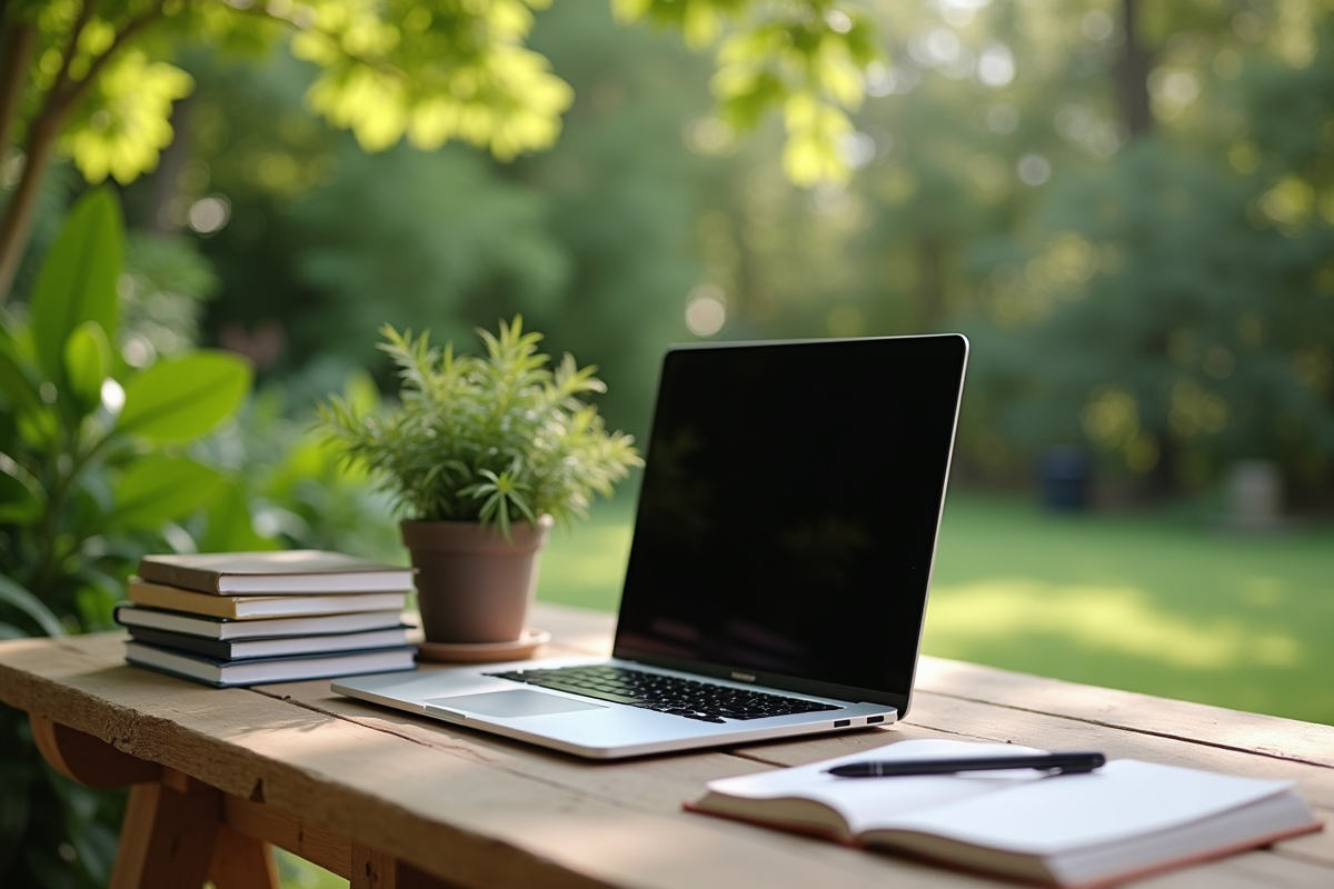 Espace de travail extérieur avec livres et plantes vertes