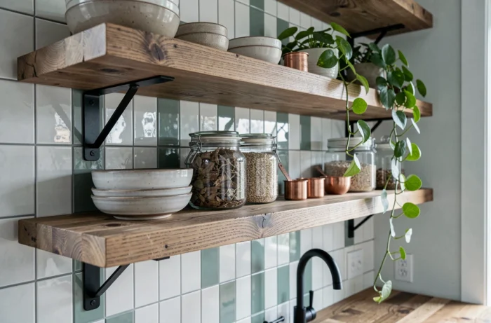 Étagères en chêne vieilli dans une cuisine moderne avec céramiques artisanales, carrelage zellige vert sauge et plan de travail en bois pour une décoration intérieure tendance