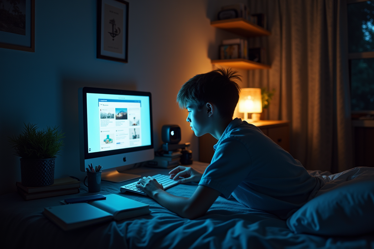 Jeune étudiant concentré sur son ordinateur dans sa chambre