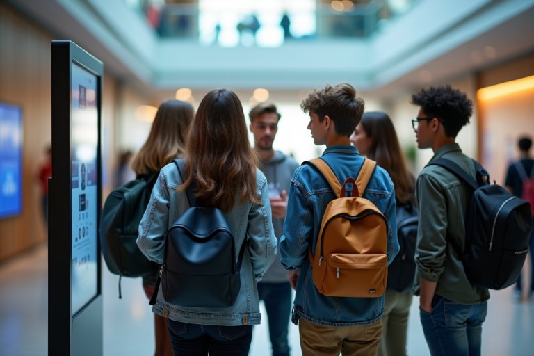 Groupe d'étudiants autour d'un kiosque numérique sur le campus
