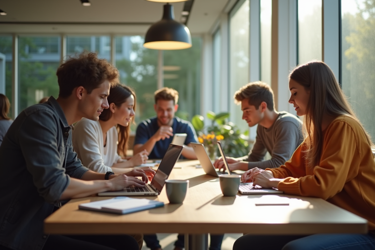 Groupe d'étudiants collaborant dans un espace lumineux